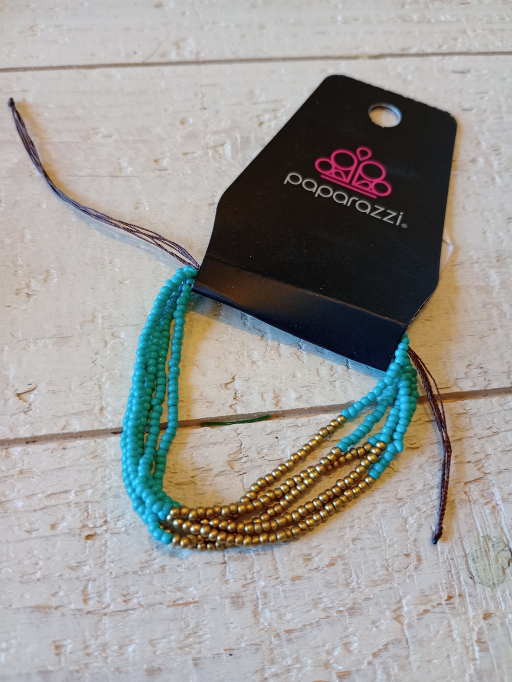 paparazzi Turquoise and Gold Layered Beaded Tie Bracelet